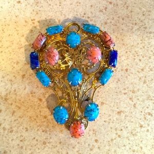 VINTAGE FAUX TURQUOISE, CORAL & LAPIS PENDANT OR BROOCH